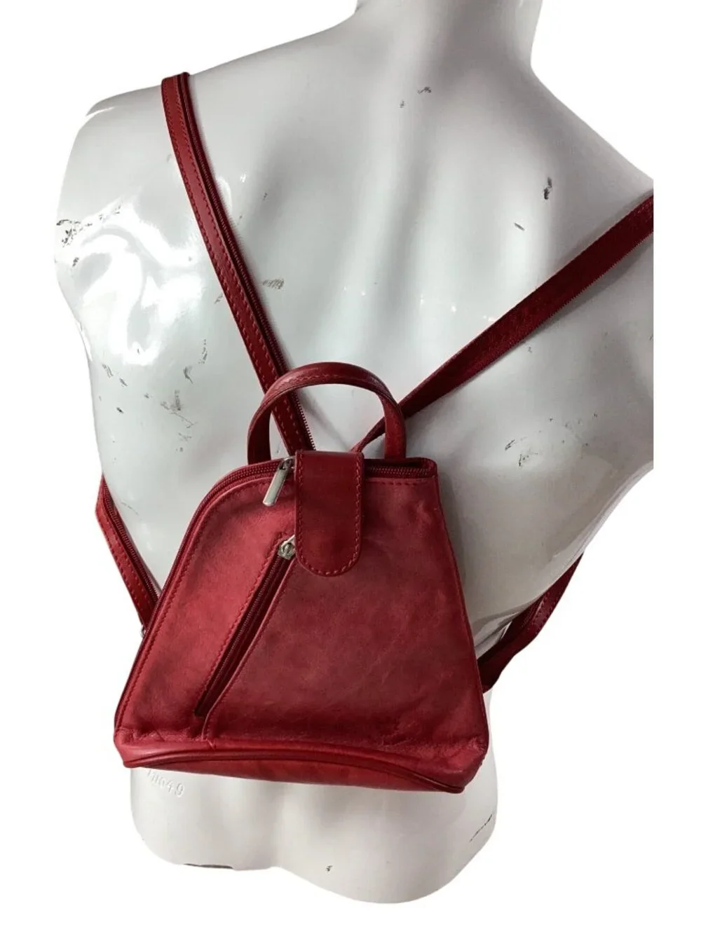 Italian Leather Red Triangular Backpack Purse*Adj Straps*Zip & Magnetic Closure